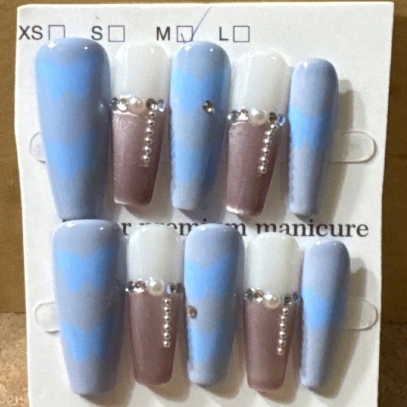 Other - Blue Chevron Rhinestone Pearl Press On Nails Long Coffin Premium Manicure Set